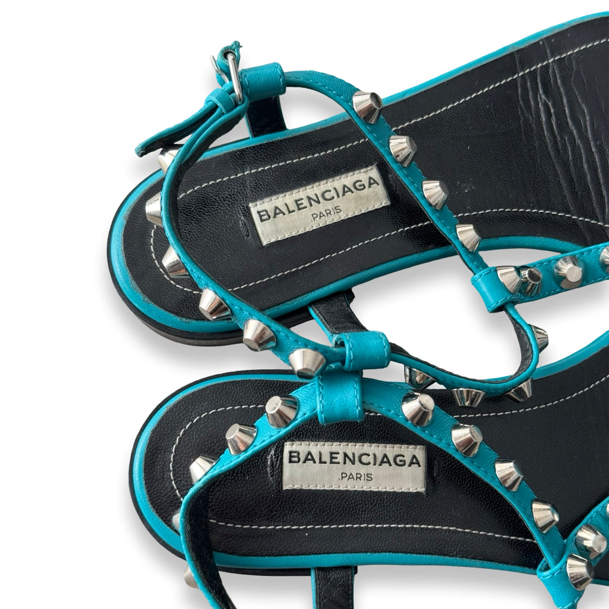 balenciaga turquoise arena t-strap sandals