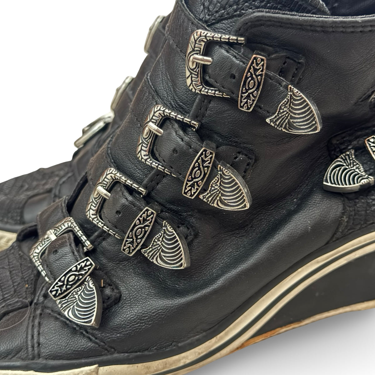 Ash black western buckle wedges