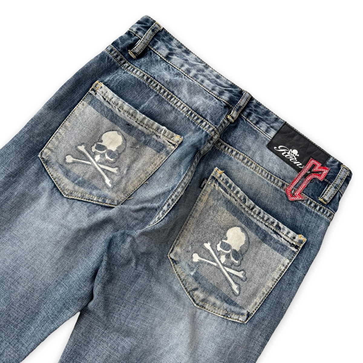 roen 2000s double skull pocket distressed denim jeans
