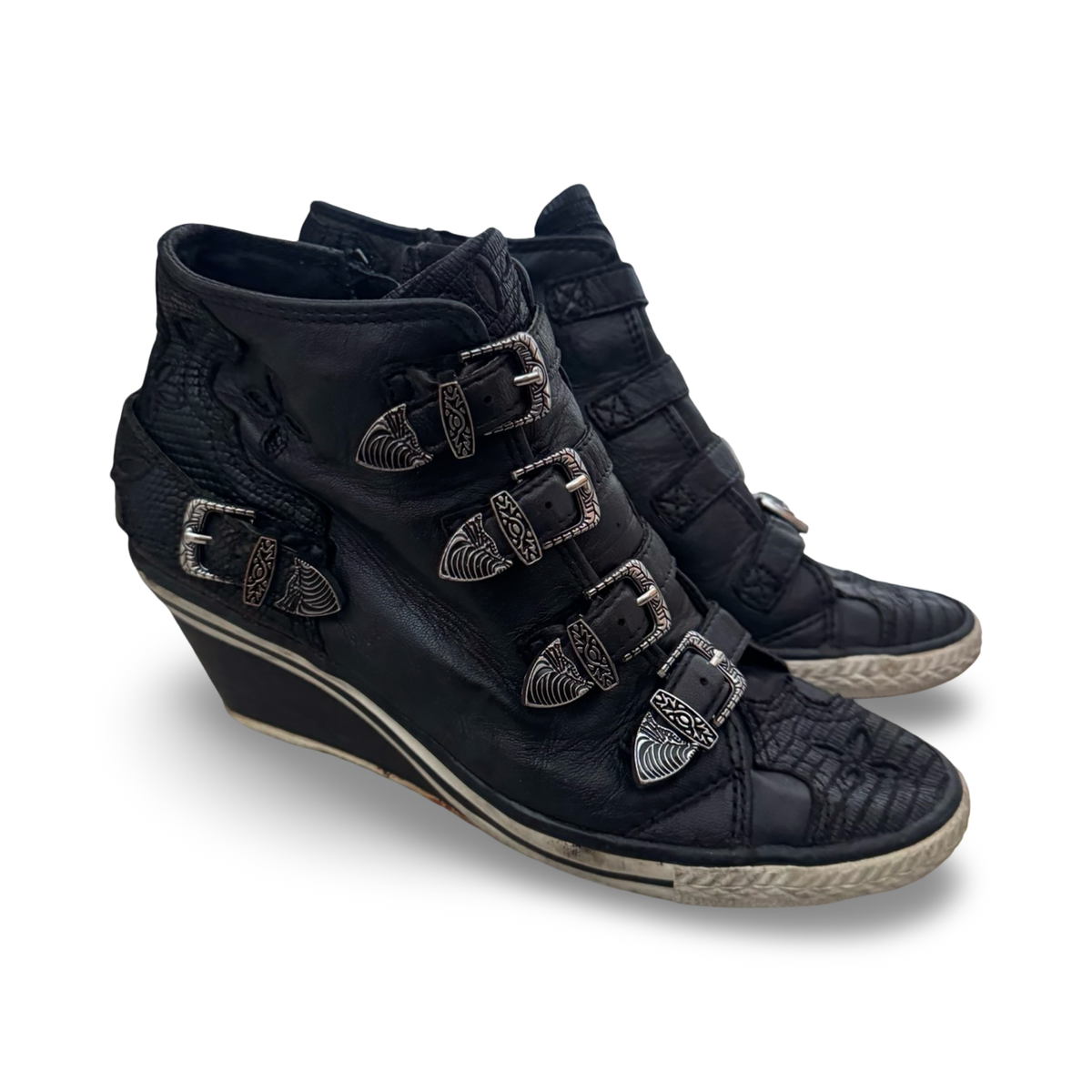 Ash black western buckle wedges